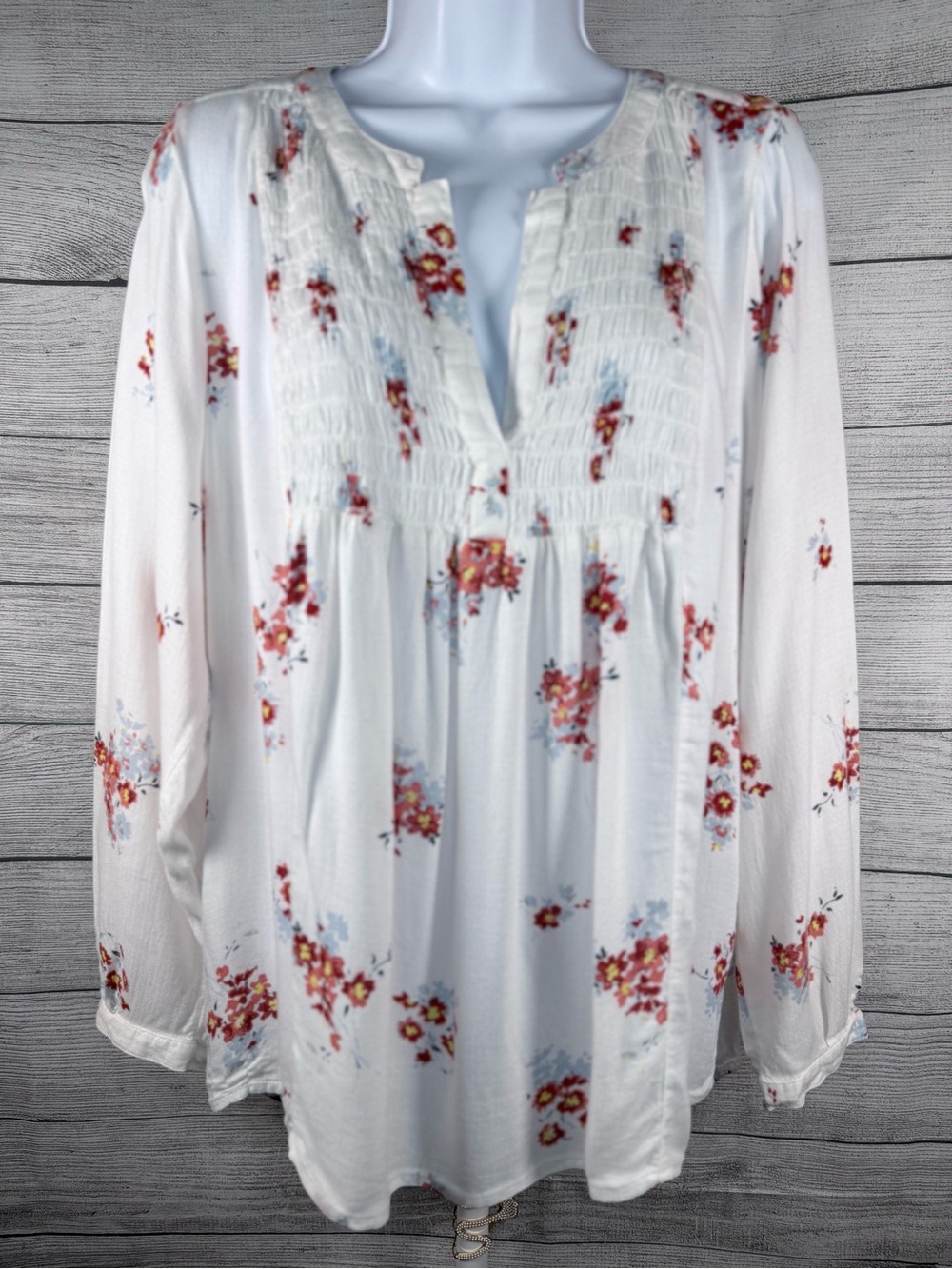 Lucky Brand White Floral Smocked Peasant Tunic